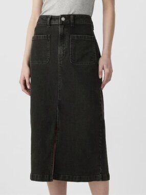 Gap Factory Black Denim Midi Pencil Skirt Front Slit Patch Pockets